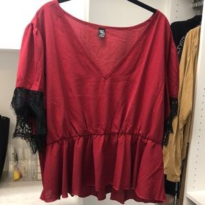Never Worn Red/Burgundy Peplum Top with Lace